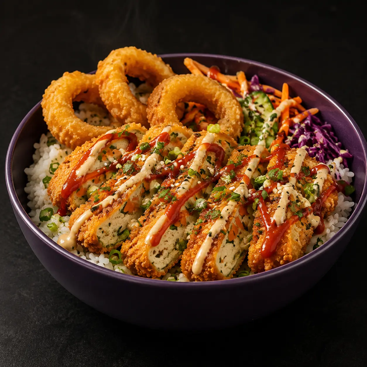 Crousty Veggie, riz, escalope végétale panée et onion rings