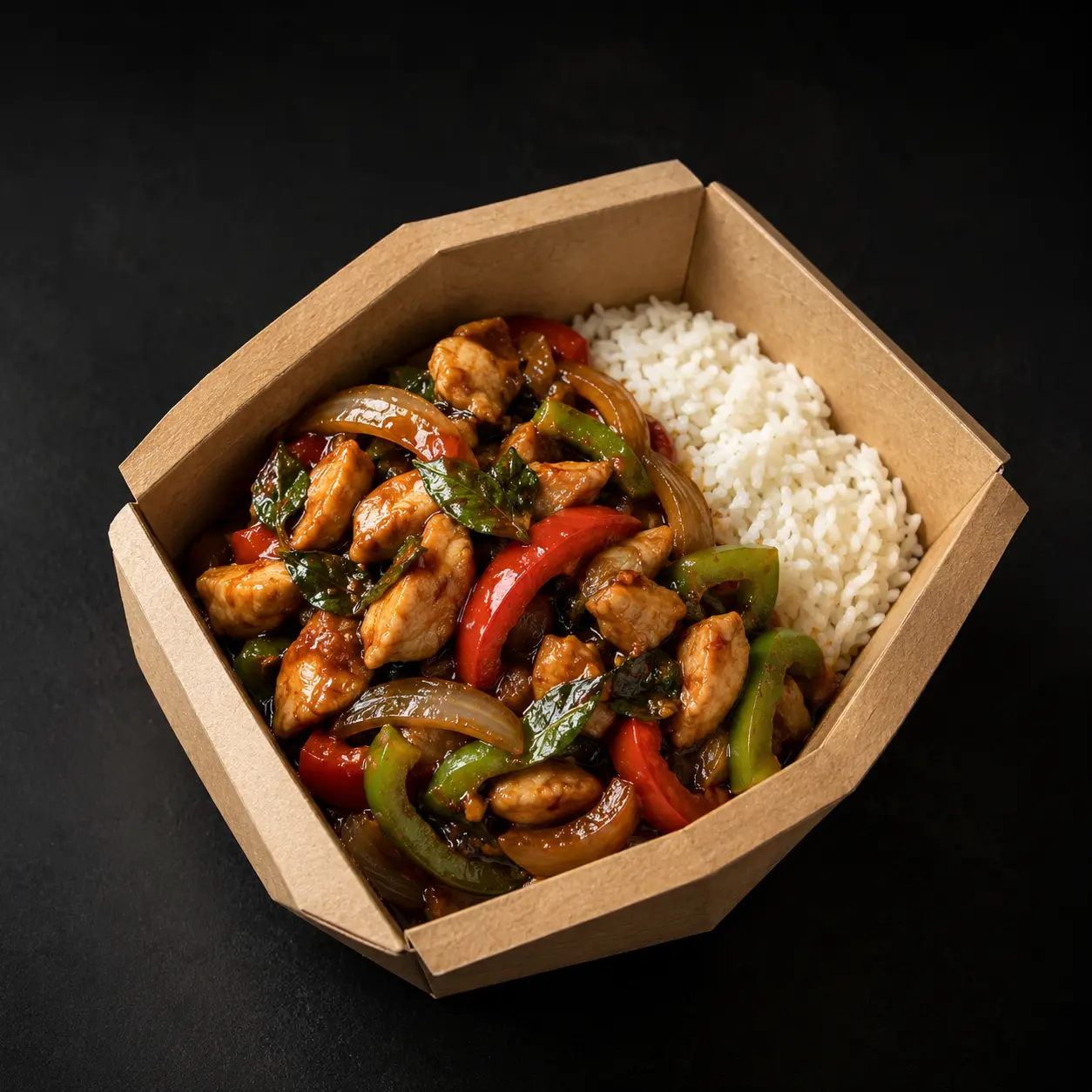 Noa Kao servi avec riz, basilic thaï et légumes sautés